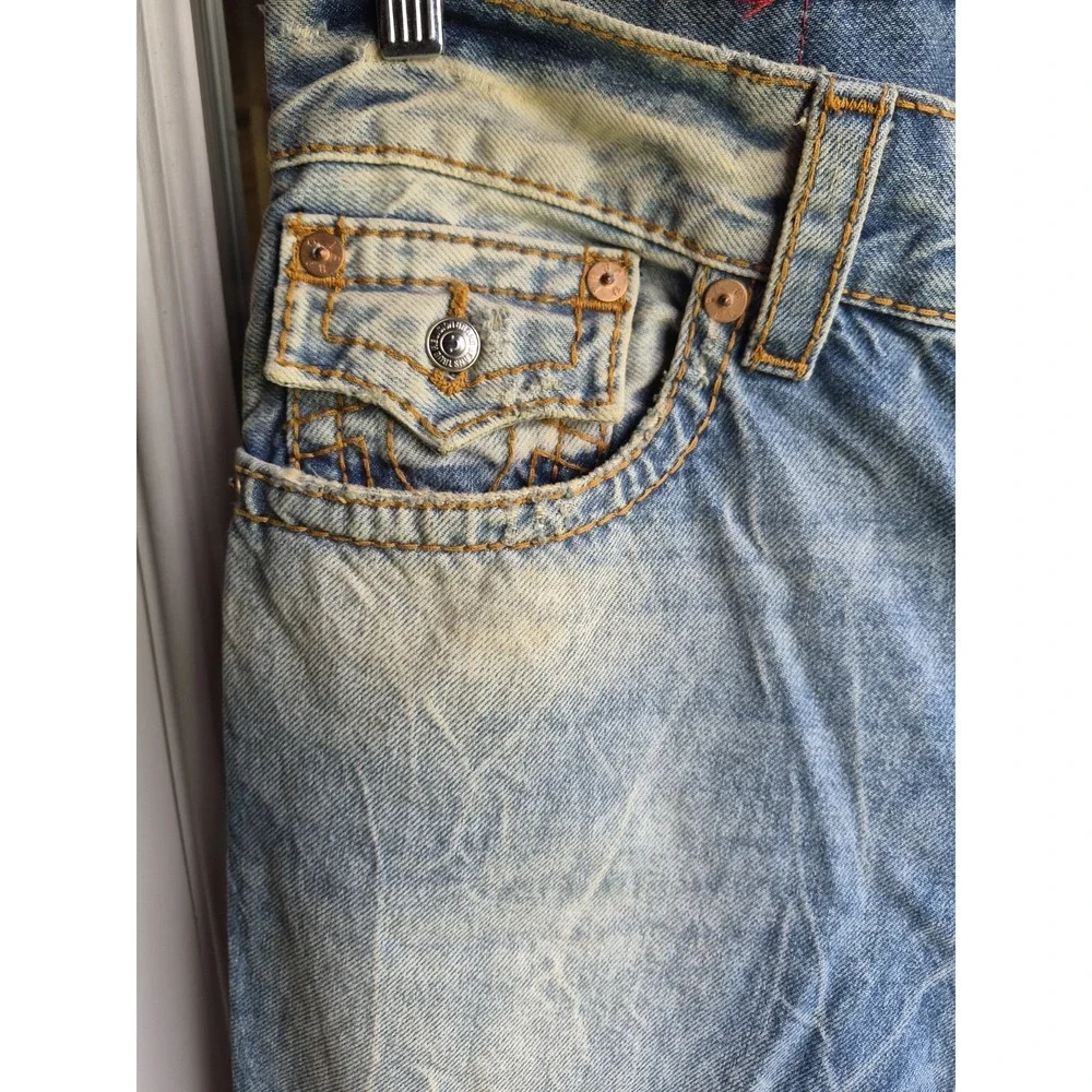 True Religion Straight Flap‎ Big T Jean Distress Destroyed Boho 33 Y2K